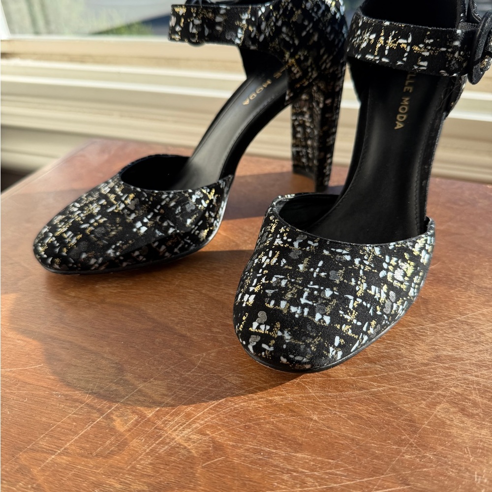 Chic Black and Gold tweed look Heels by Pella Moda